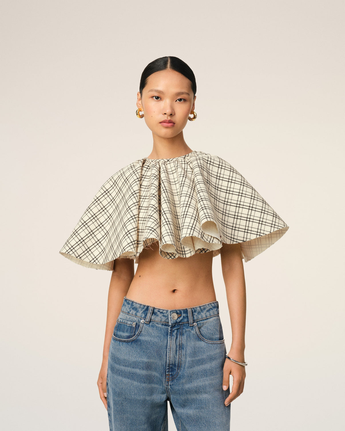 Beige Checked Wool Ruffled Top