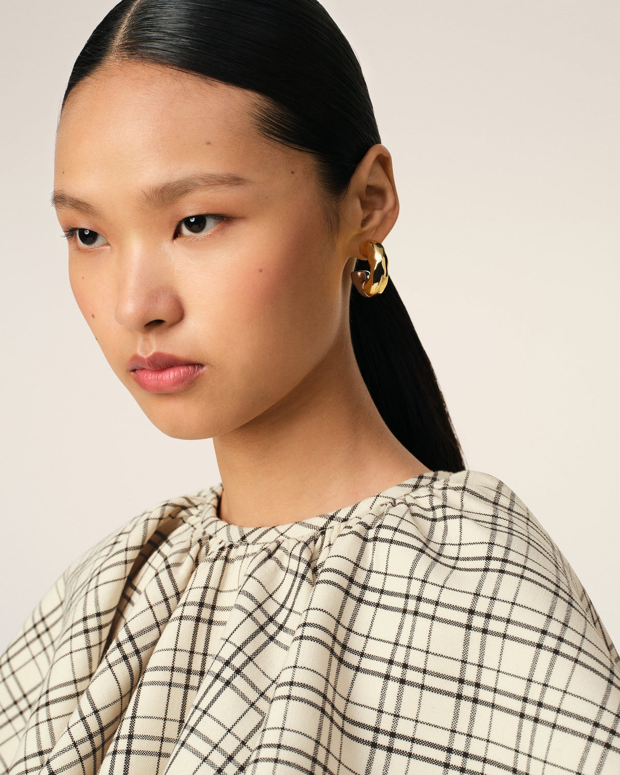 Beige Checked Wool Ruffled Top