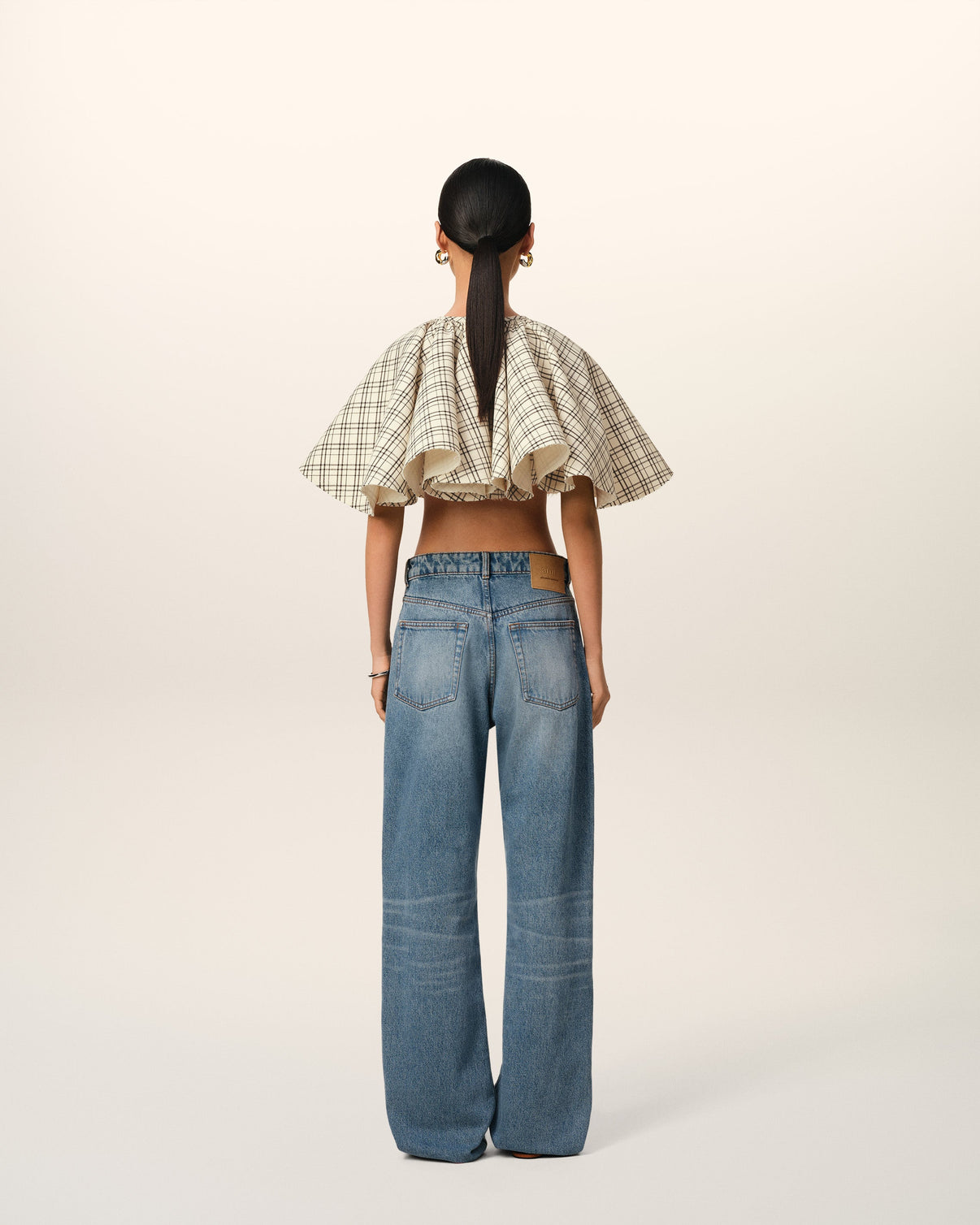 Beige Checked Wool Ruffled Top