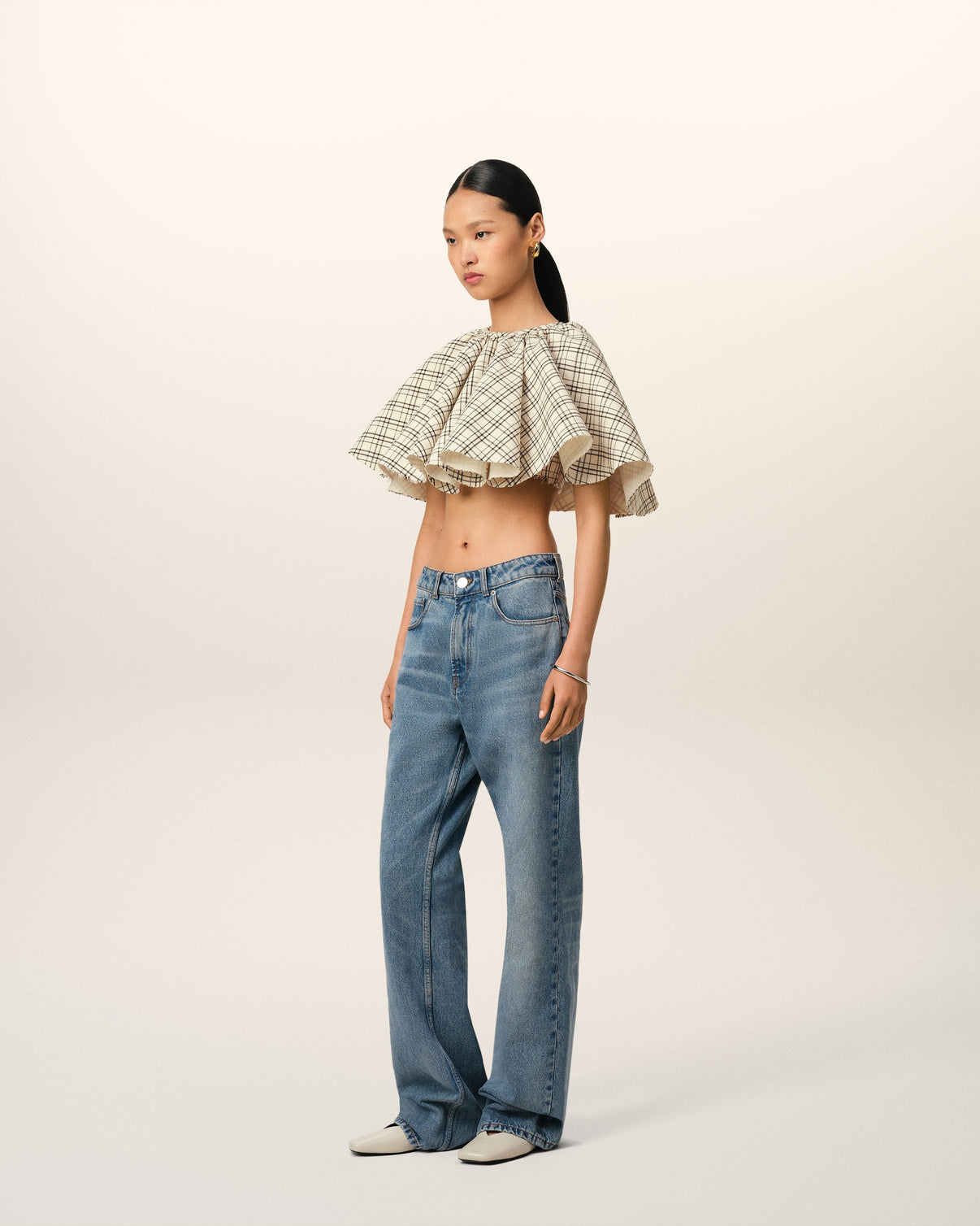 Beige Checked Wool Ruffled Top