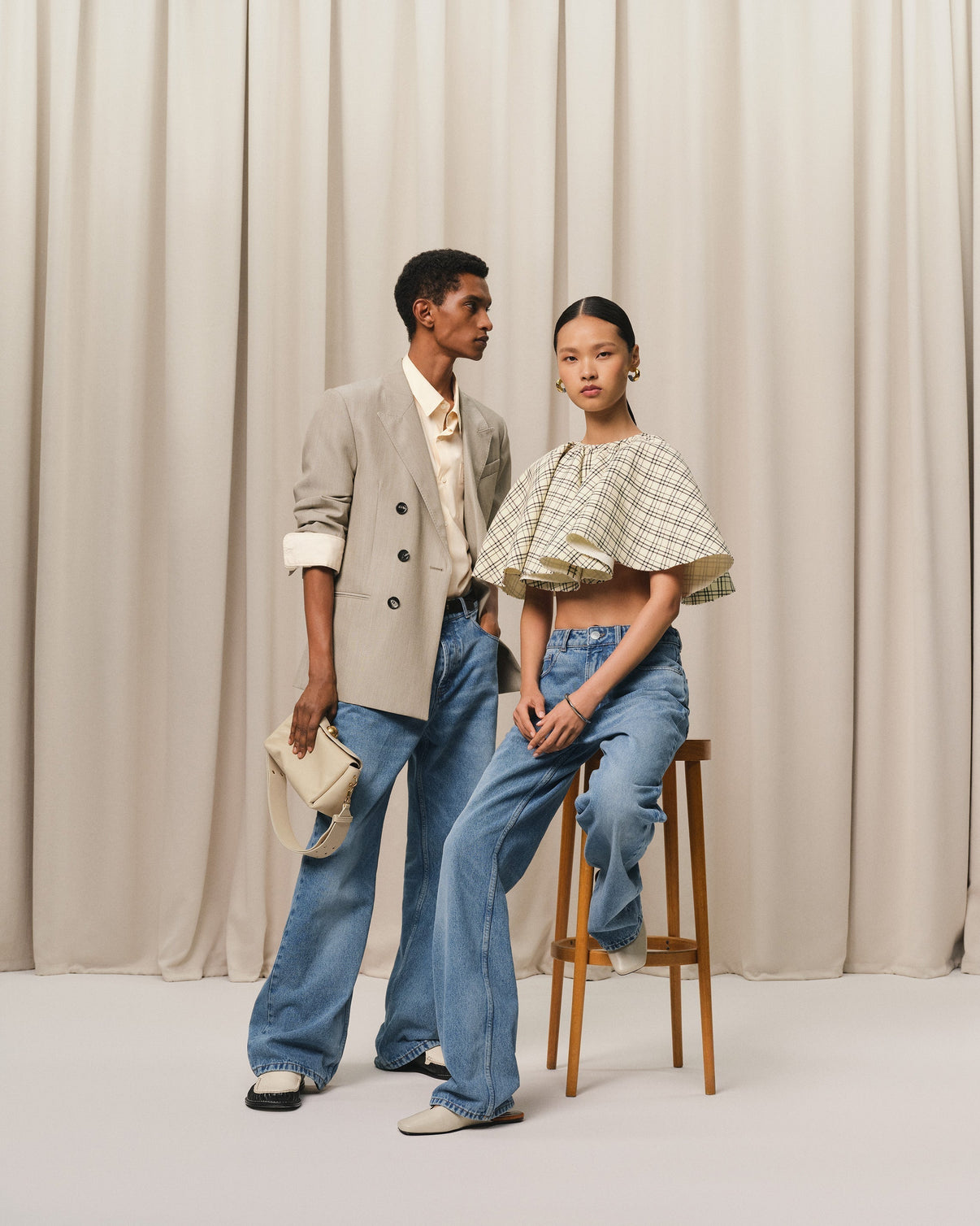 Beige Checked Wool Ruffled Top