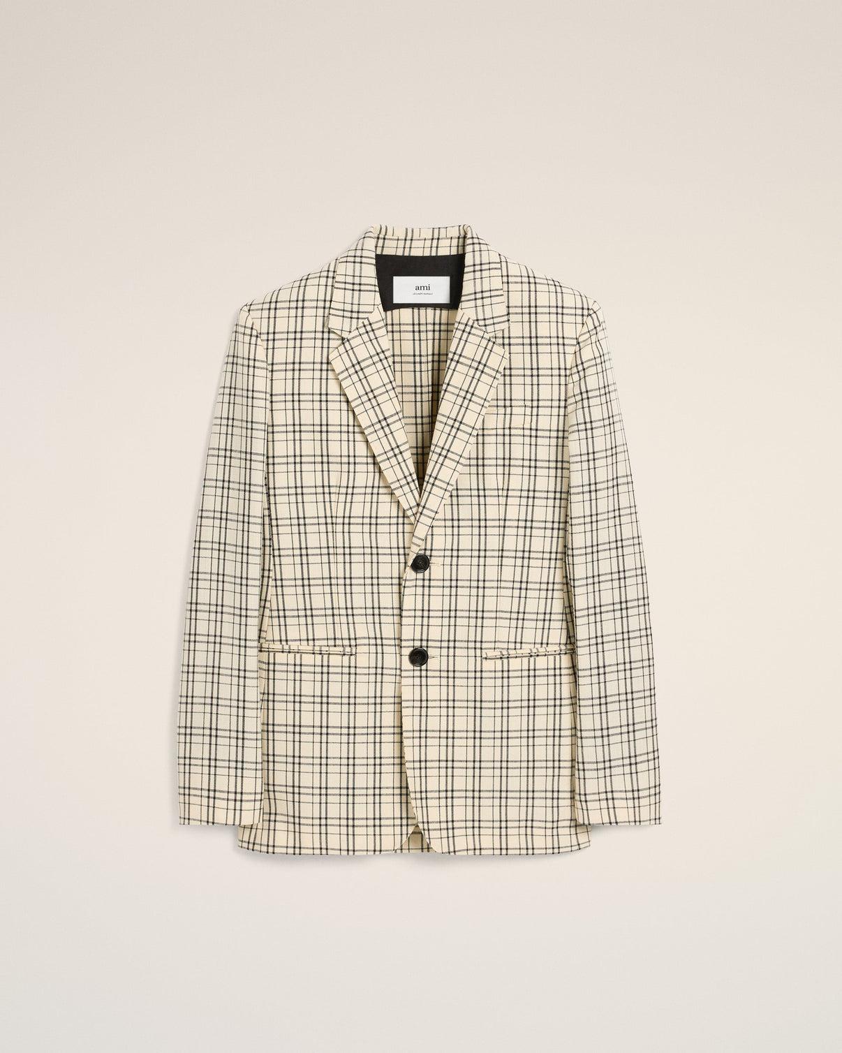 Beige Checked Wool Semi-Lined Jacket