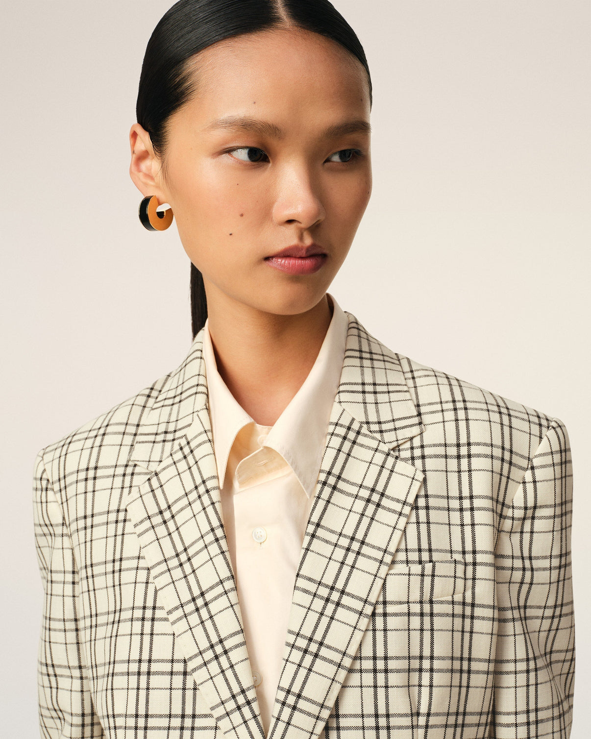 Beige Checked Wool Semi-Lined Jacket