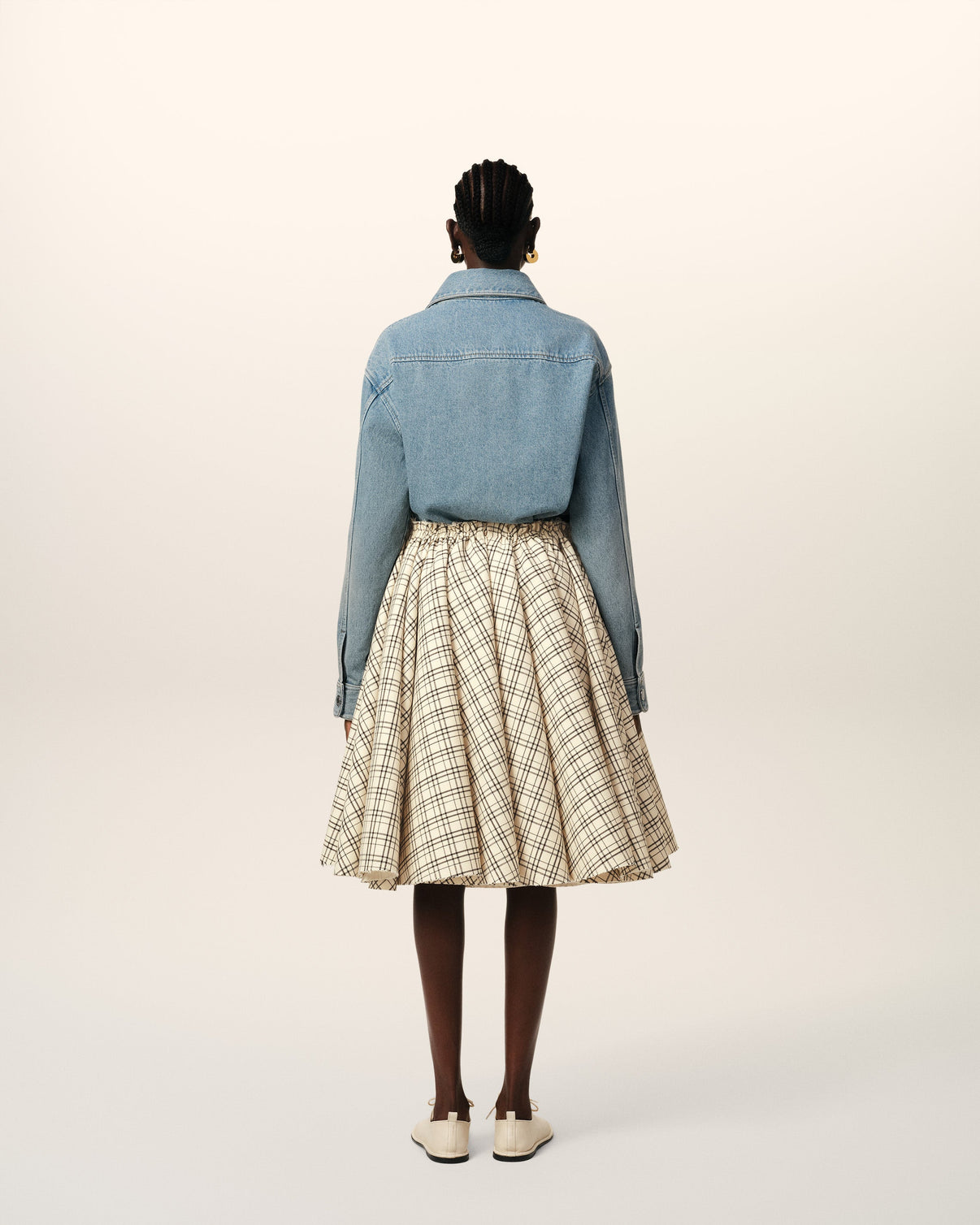 Beige Checked Wool Skirt With Godets