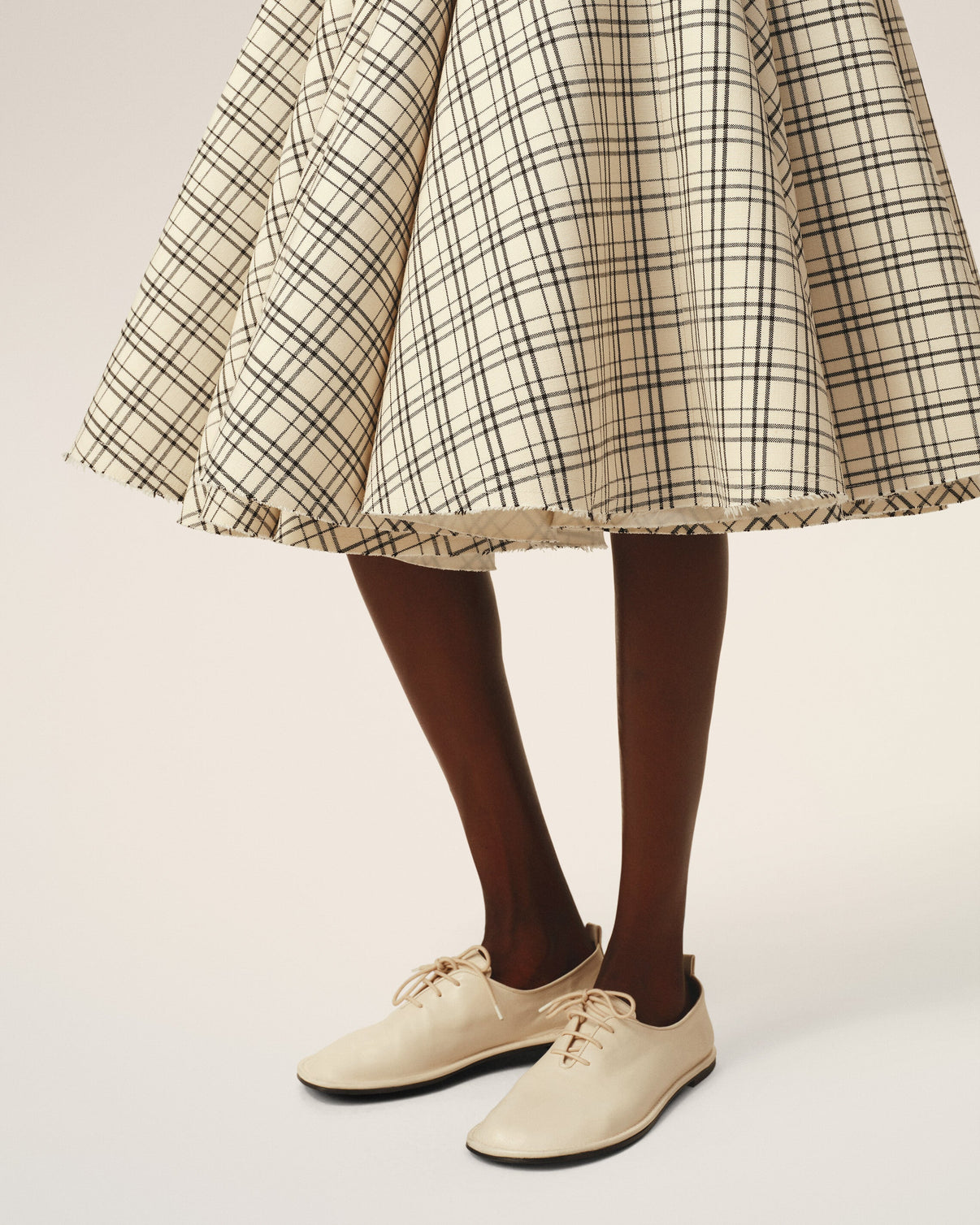 Beige Checked Wool Skirt With Godets