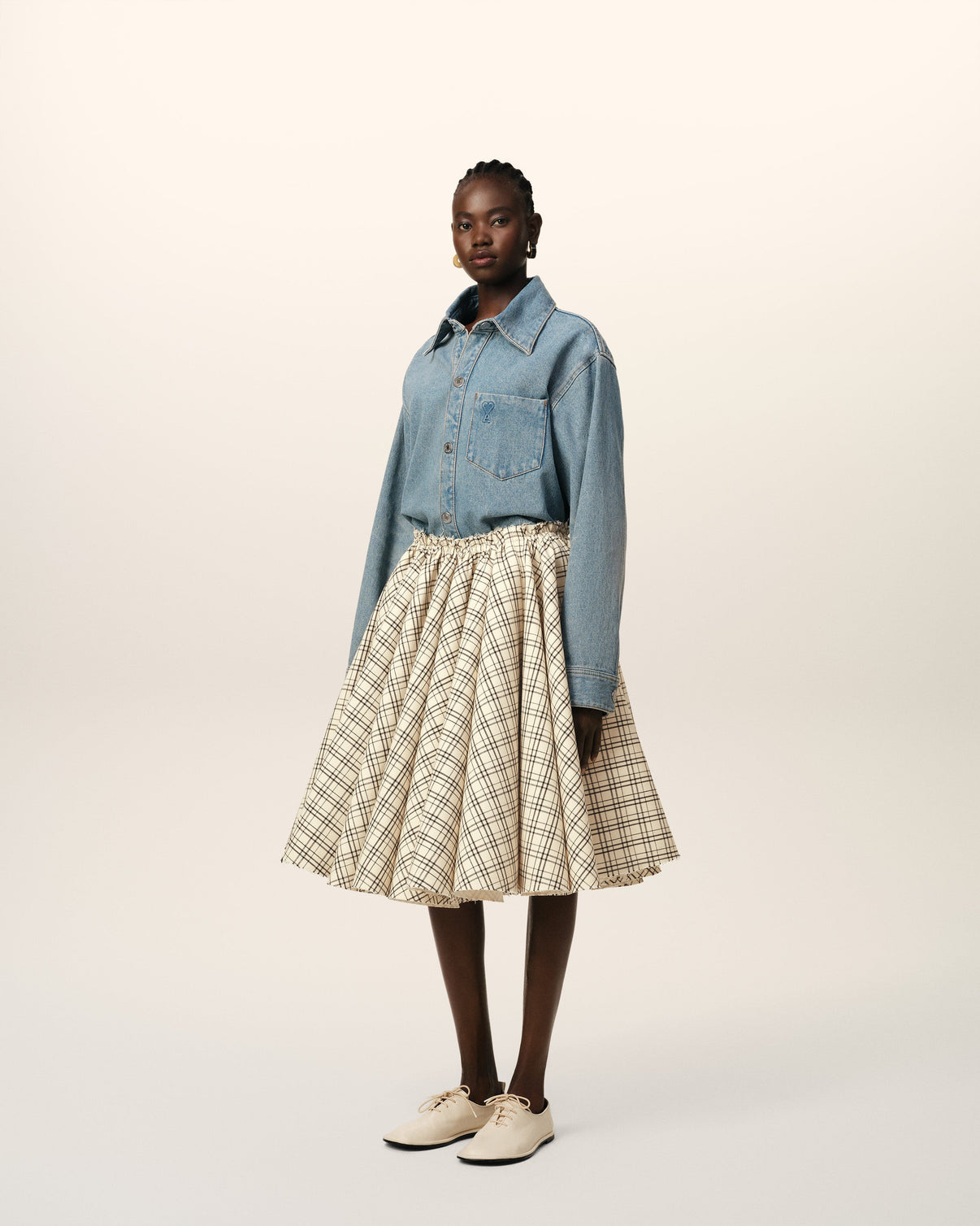 Beige Checked Wool Skirt With Godets