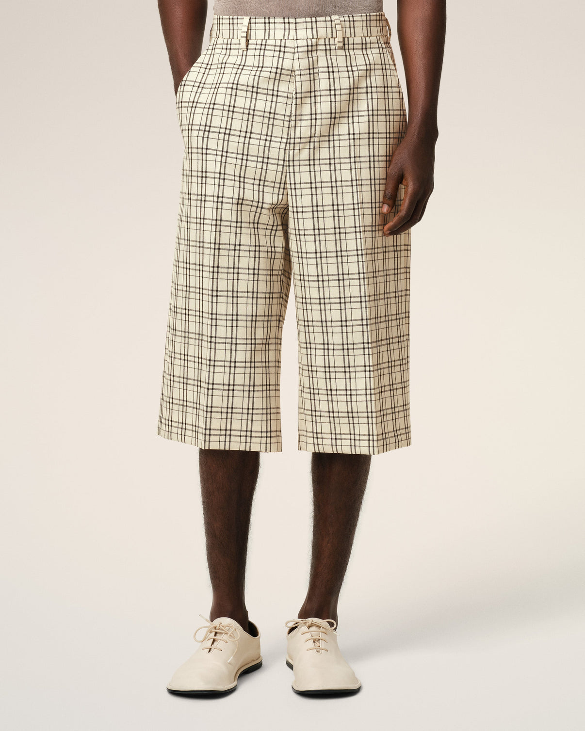 Beige Checked Wool Wide Bermuda