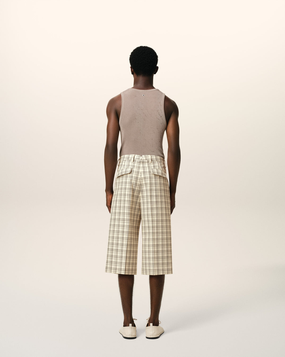 Beige Checked Wool Wide Bermuda