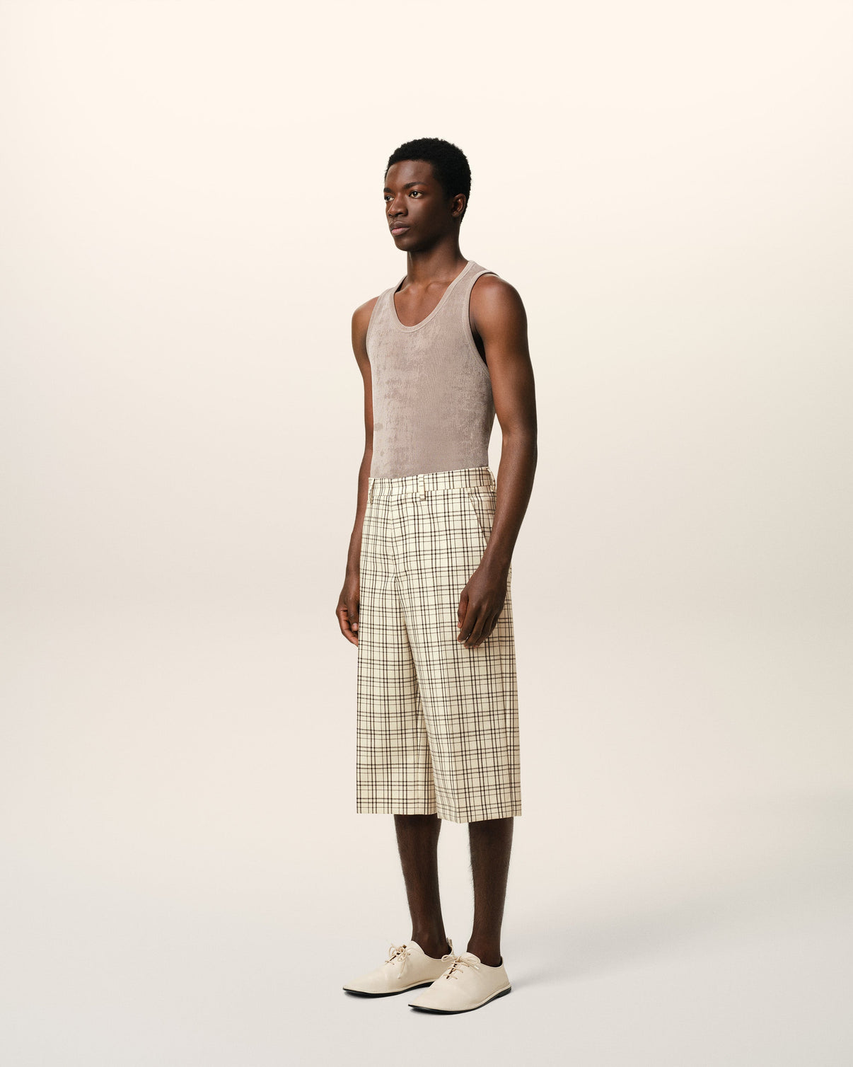 Beige Checked Wool Wide Bermuda