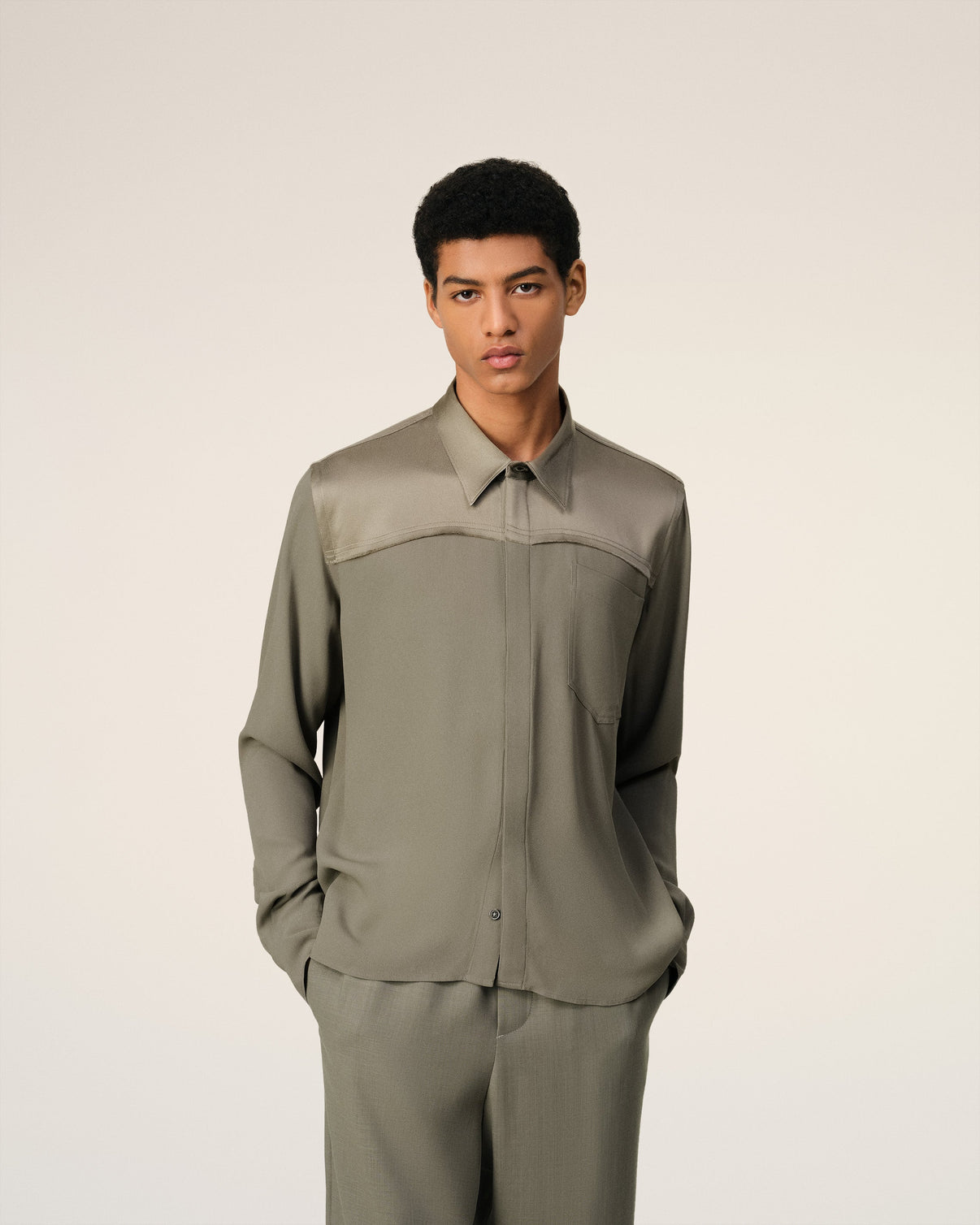 Beige Contrasted Top Long Sleeve Shirt