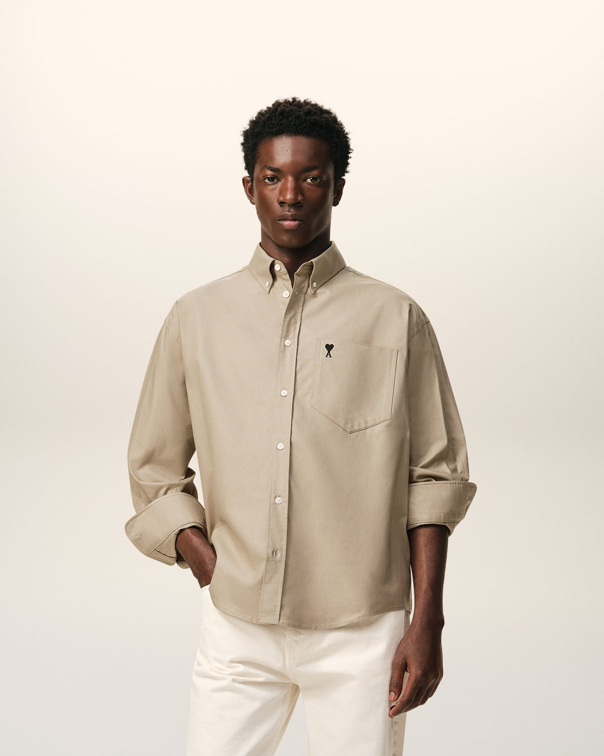 Beige Cotton Boxy Embroidered Shirt