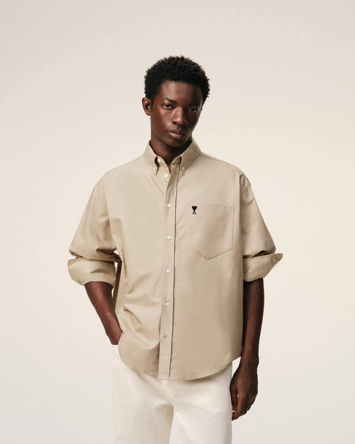 Beige Cotton Boxy Embroidered Shirt