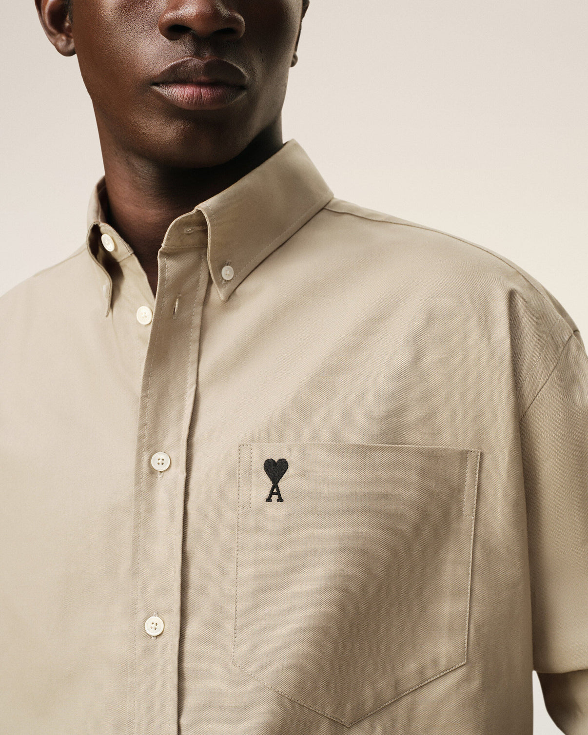 Beige Cotton Boxy Embroidered Shirt