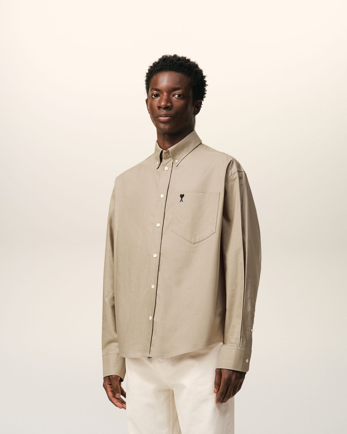 Beige Cotton Boxy Embroidered Shirt