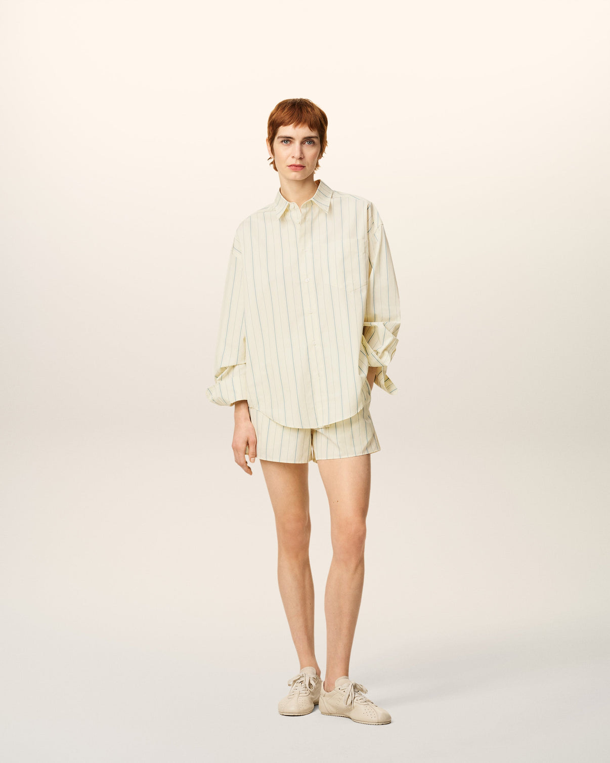 Beige Cotton Boxy Fit Striped Shirt