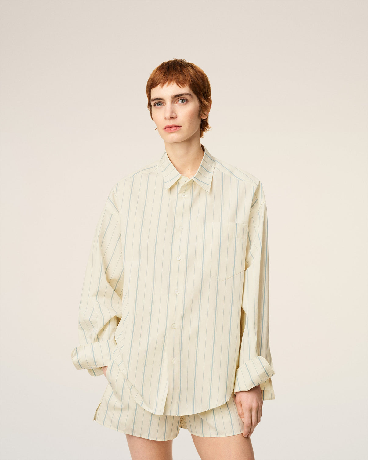 Beige Cotton Boxy Fit Striped Shirt