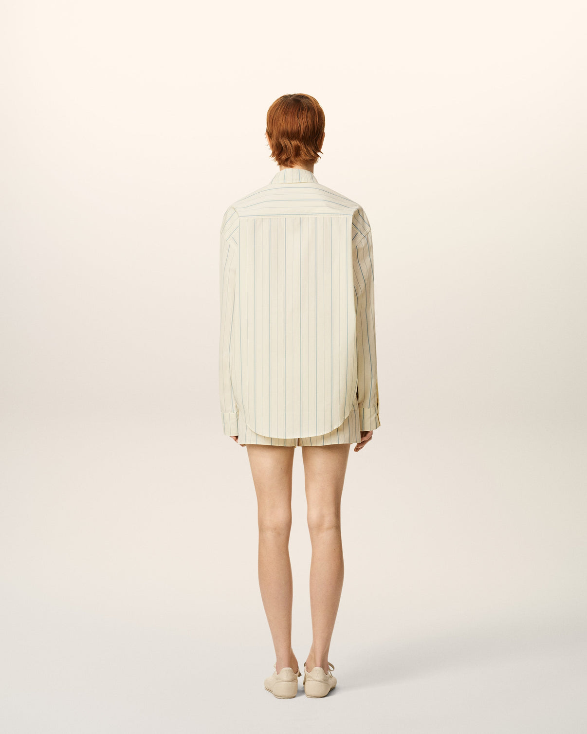 Beige Cotton Boxy Fit Striped Shirt