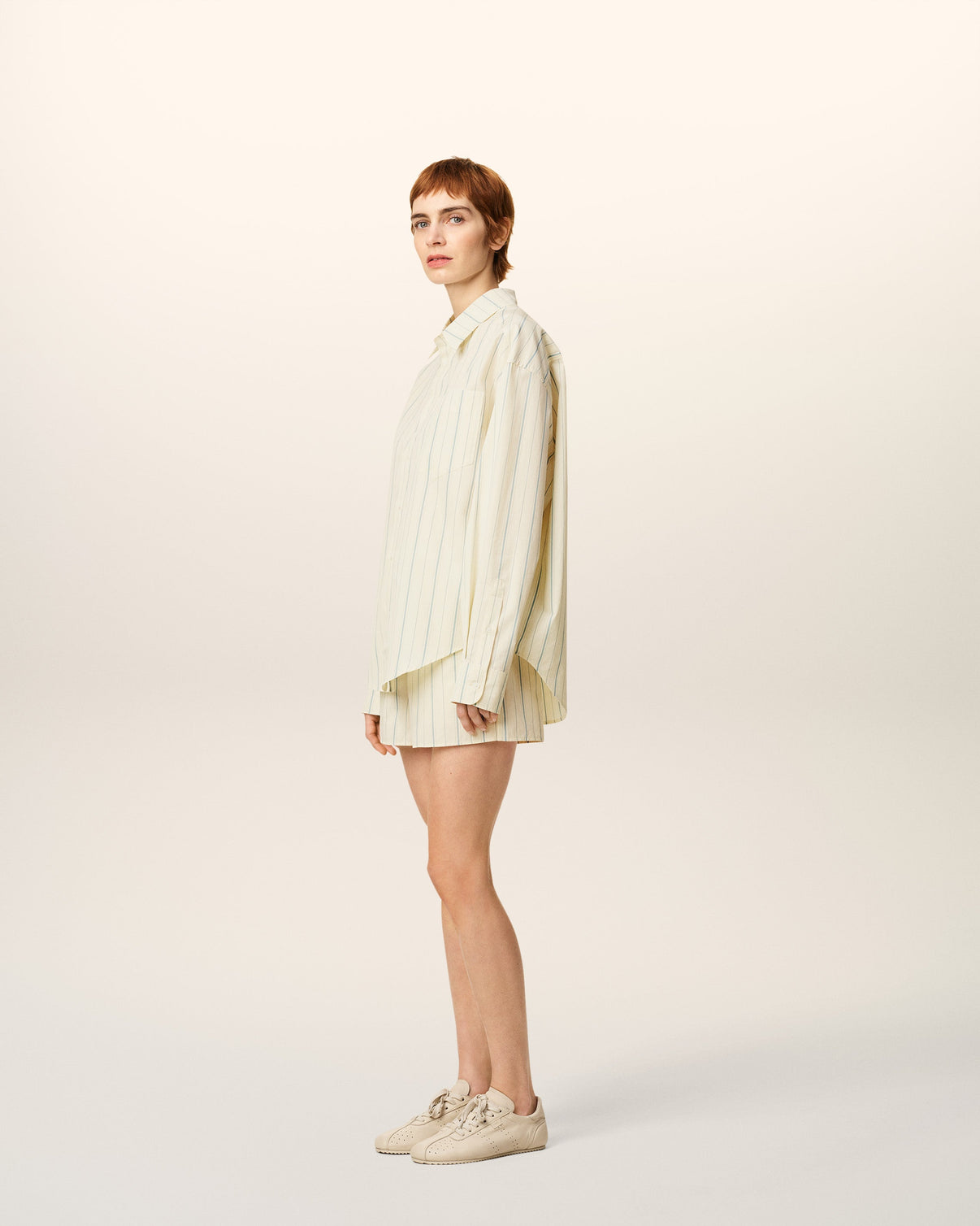 Beige Cotton Boxy Fit Striped Shirt