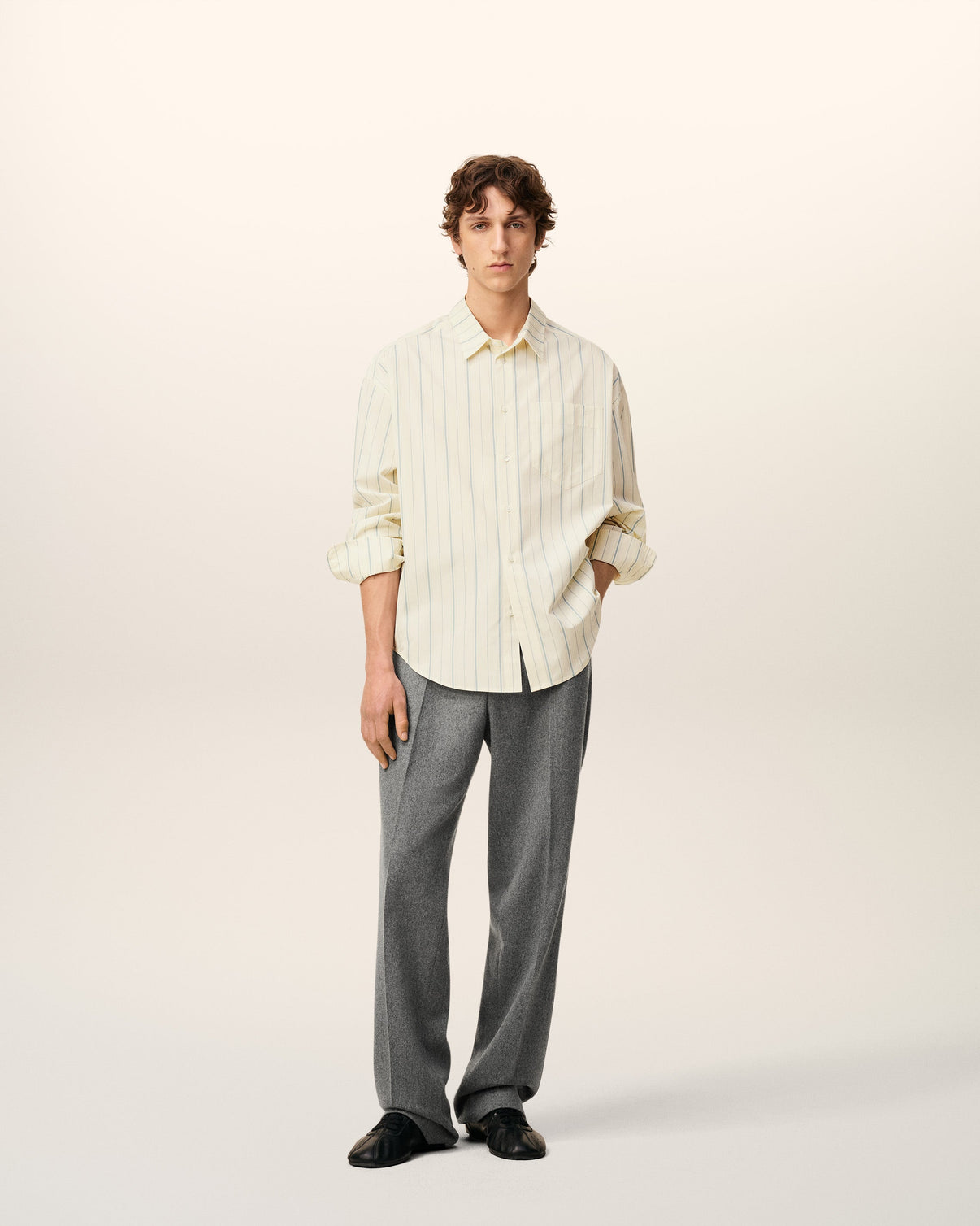 Beige Cotton Boxy Fit Striped Shirt