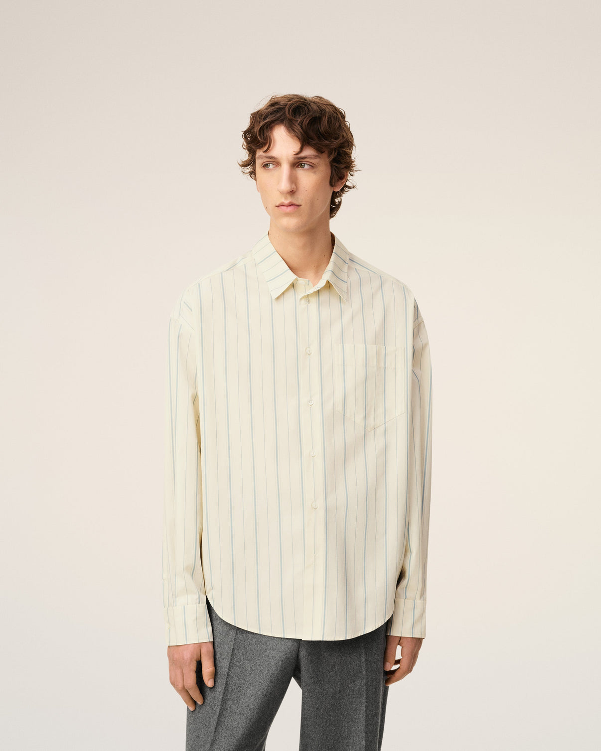 Beige Cotton Boxy Fit Striped Shirt