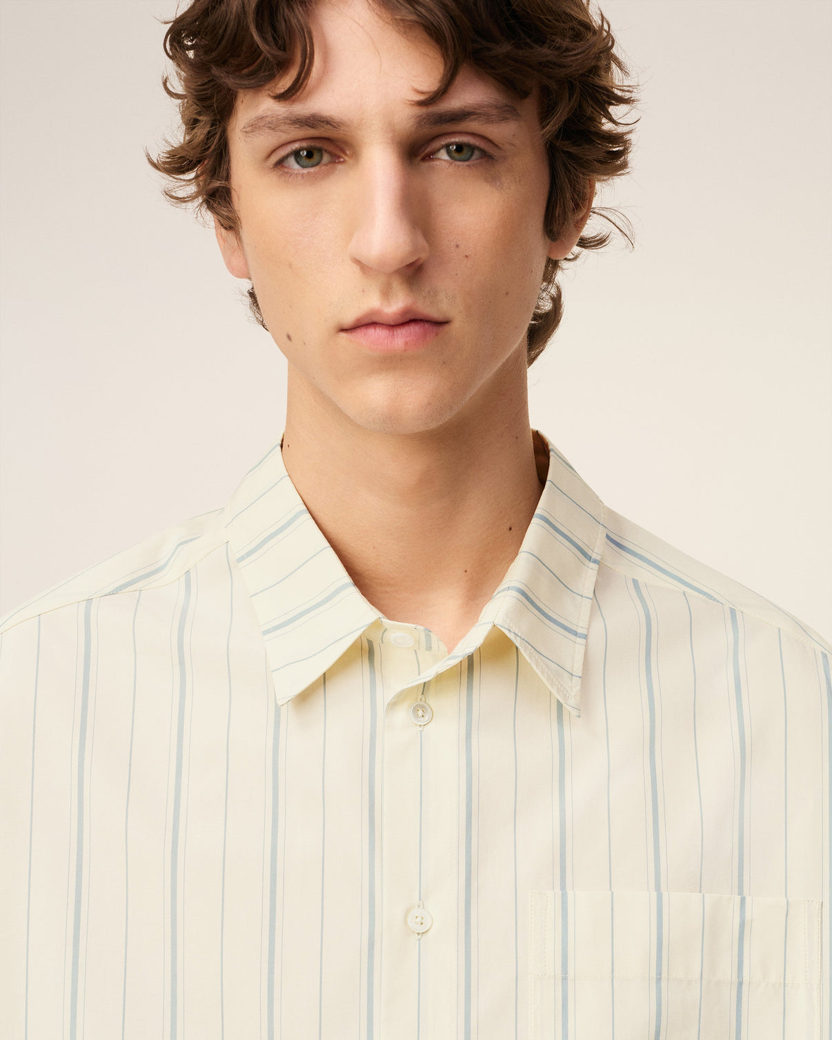Beige Cotton Boxy Fit Striped Shirt