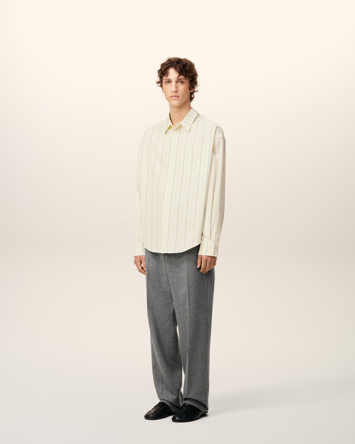 Beige Cotton Boxy Fit Striped Shirt