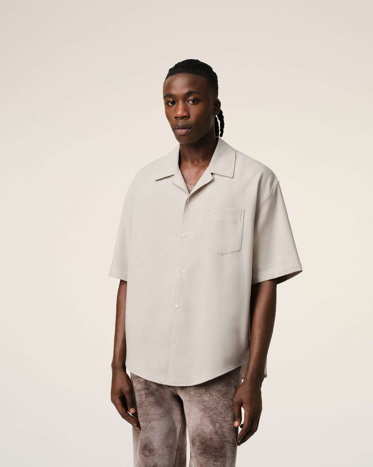 Beige Cotton Camp Collar Short Sleeves Shirt