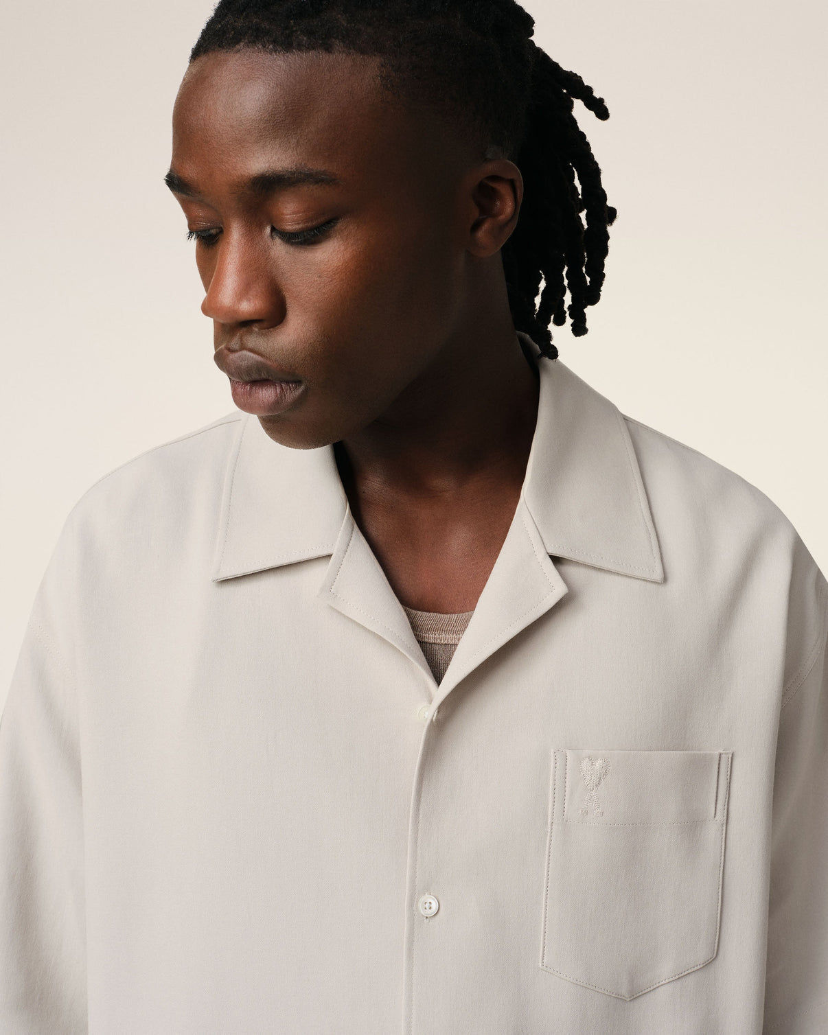Beige Cotton Camp Collar Short Sleeves Shirt