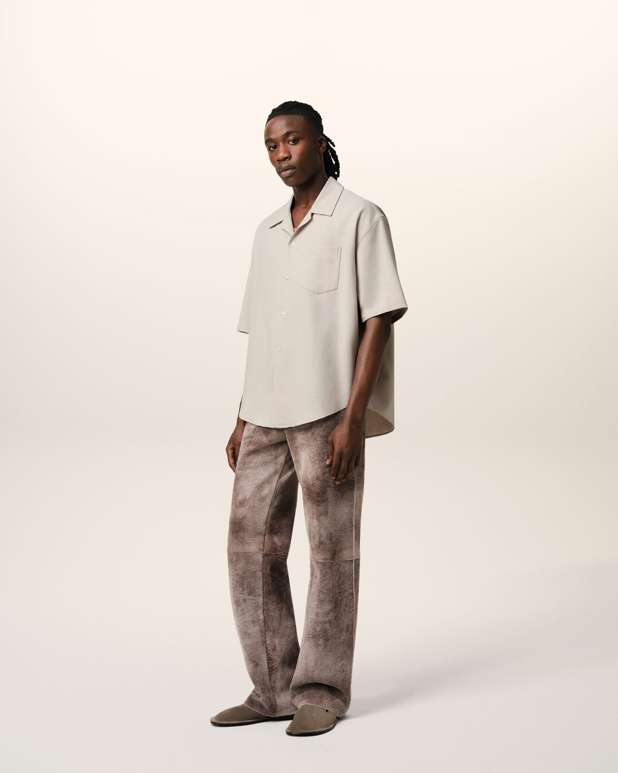 Beige Cotton Camp Collar Short Sleeves Shirt