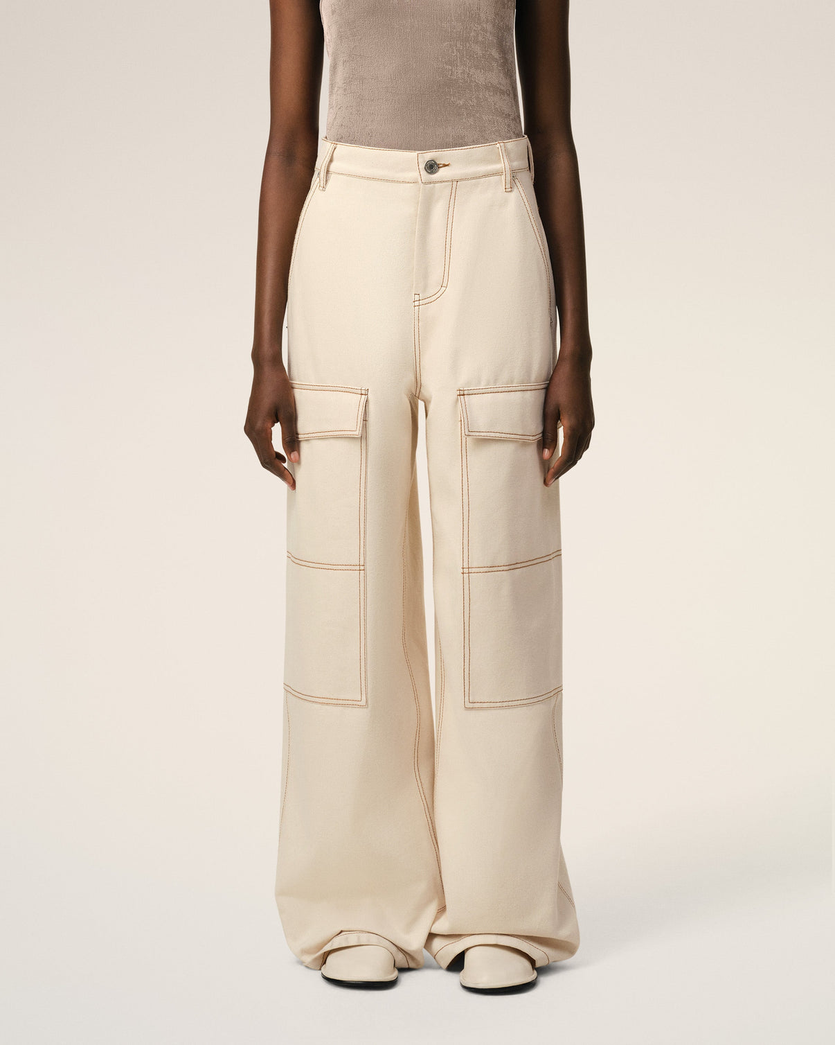 Beige Cotton Cargo Wide Fit Jeans