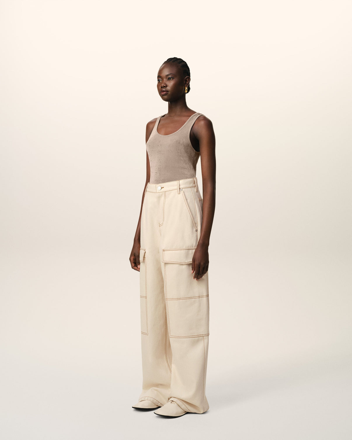 Beige Cotton Cargo Wide Fit Jeans