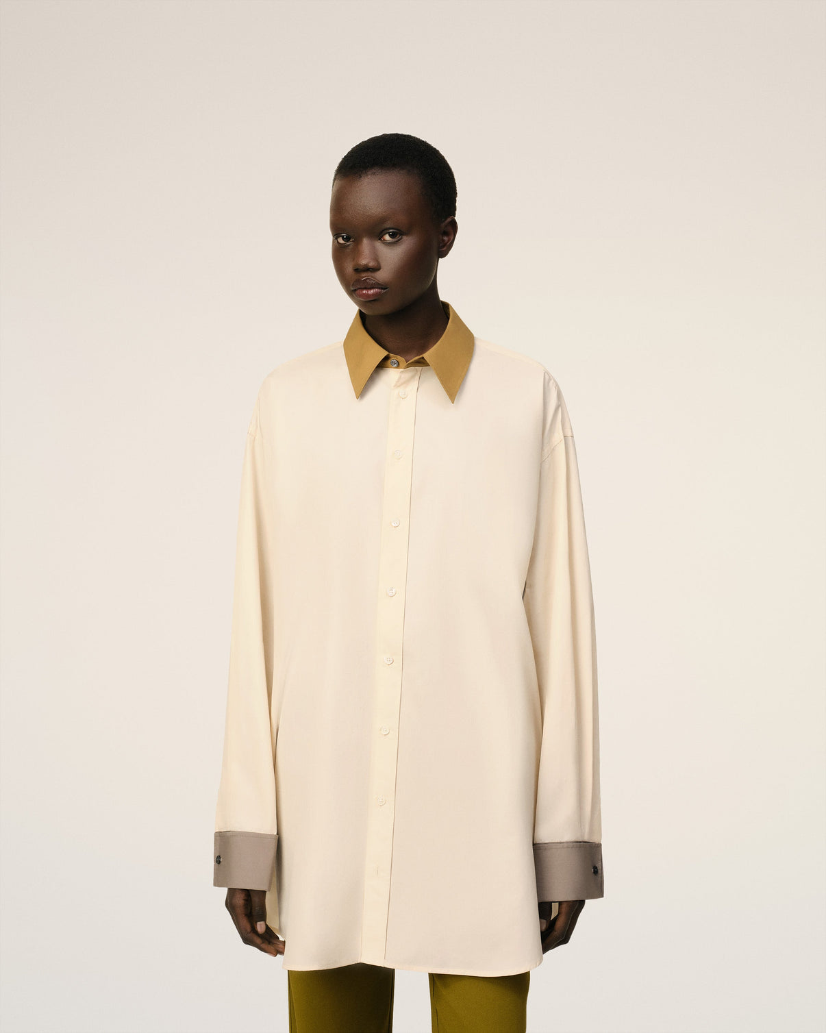 Beige Cotton Classic Collar Loose Shirt