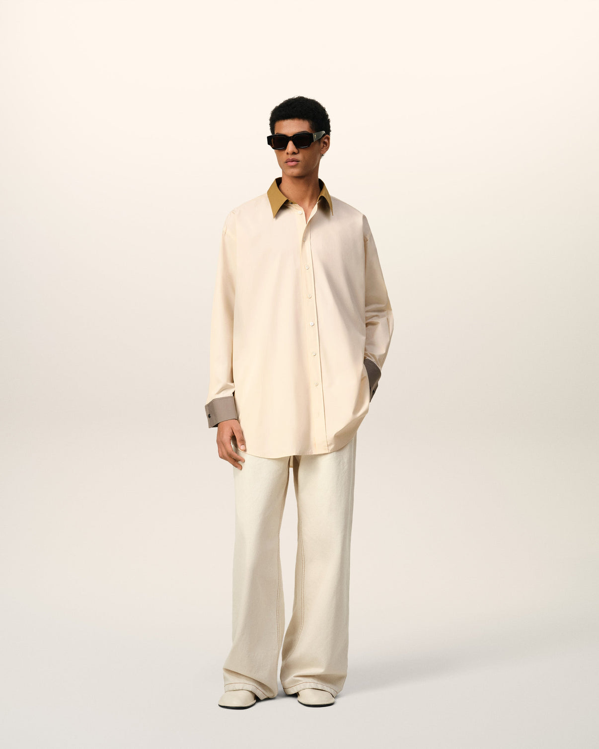 Beige Cotton Classic Collar Loose Shirt