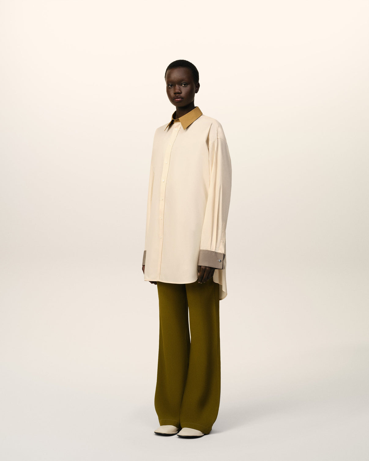 Beige Cotton Classic Collar Loose Shirt