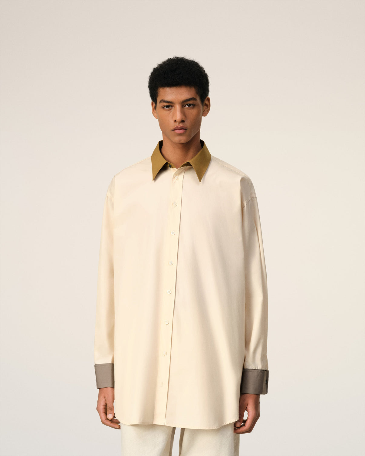 Beige Cotton Classic Collar Loose Shirt