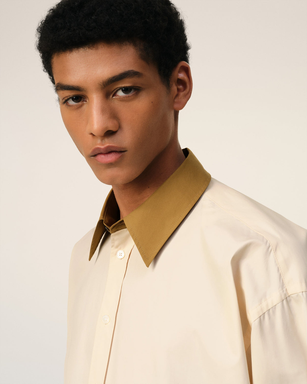 Beige Cotton Classic Collar Loose Shirt