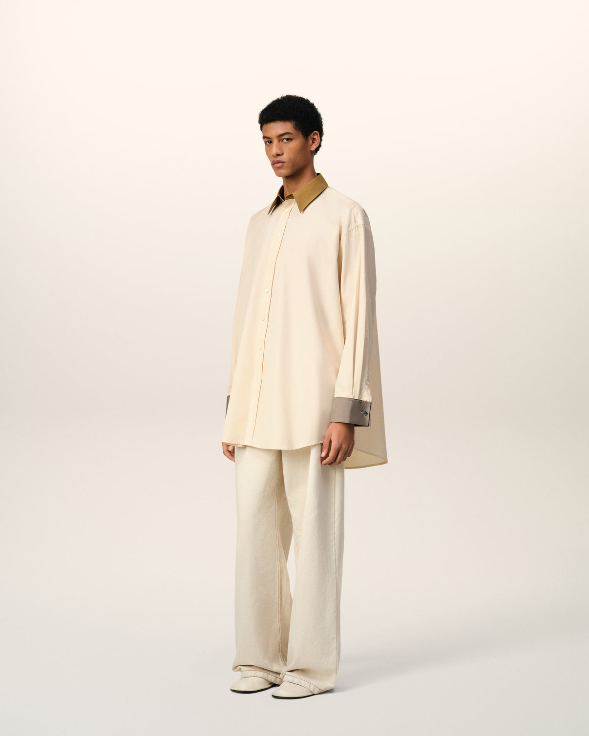 Beige Cotton Classic Collar Loose Shirt