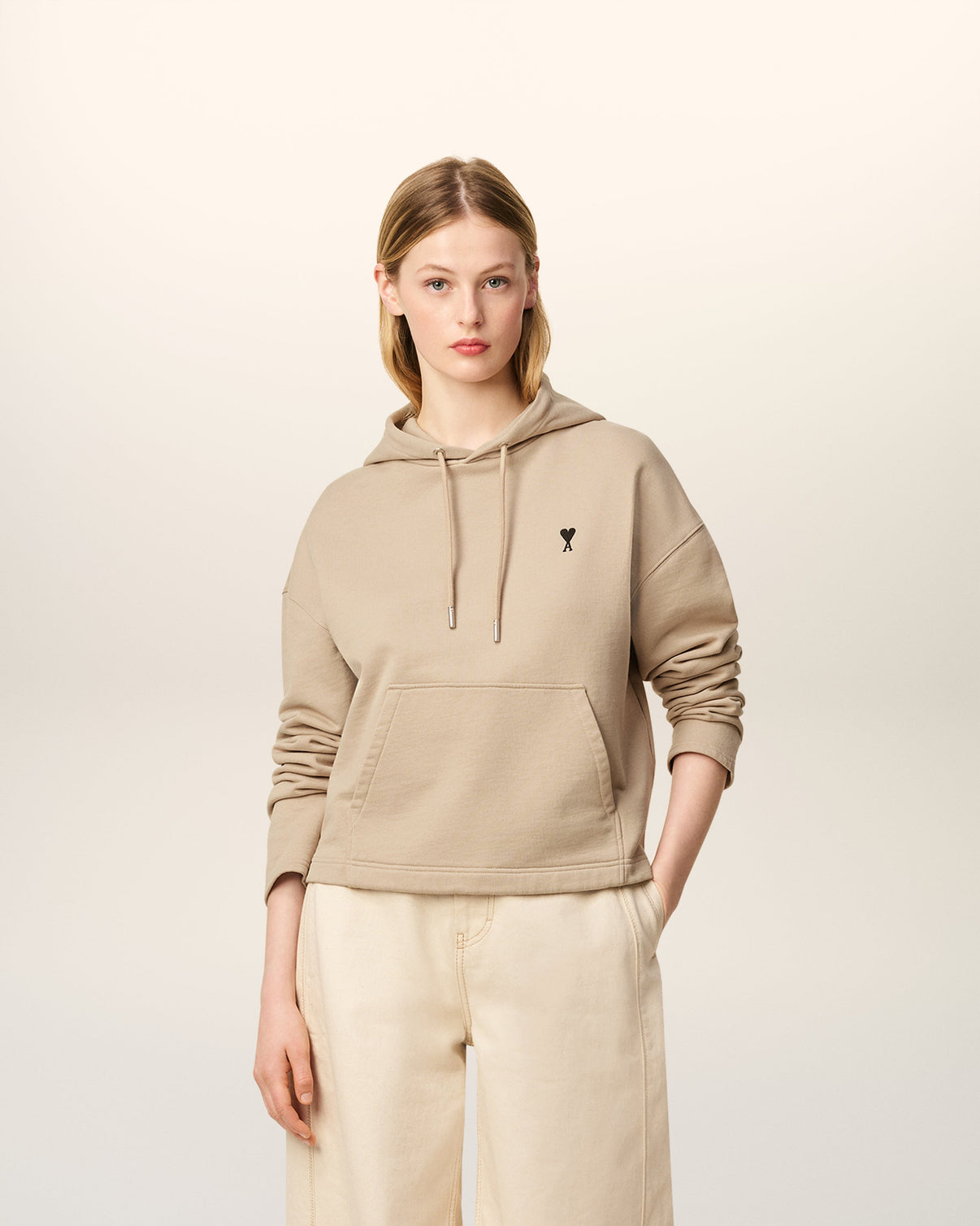 Beige Cotton Contrasted Hoodie