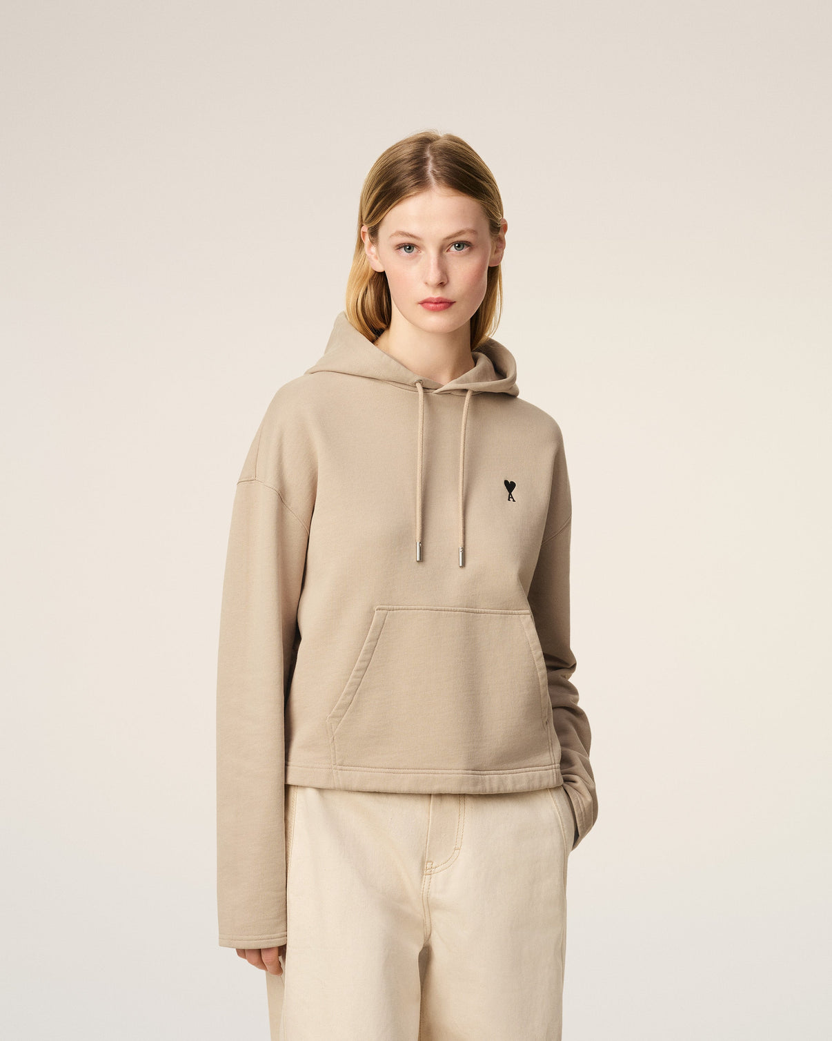 Beige Cotton Contrasted Hoodie