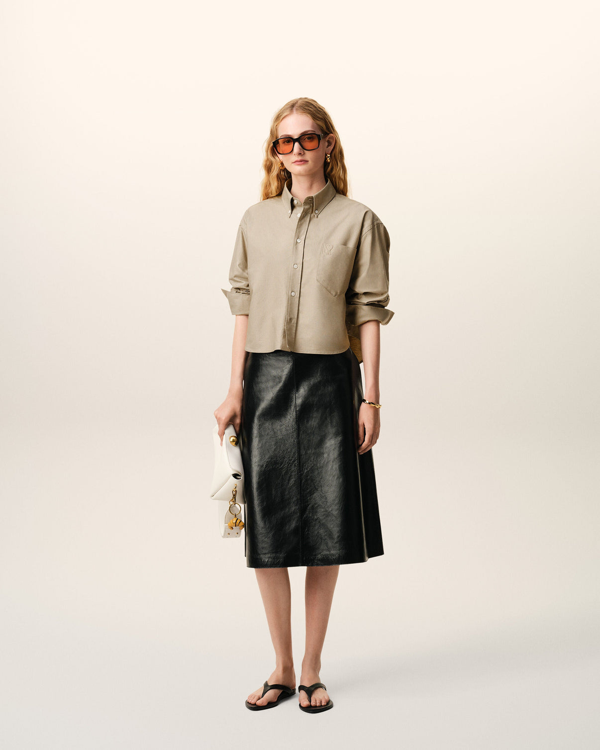 Beige Cotton Cropped Embossed Shirt