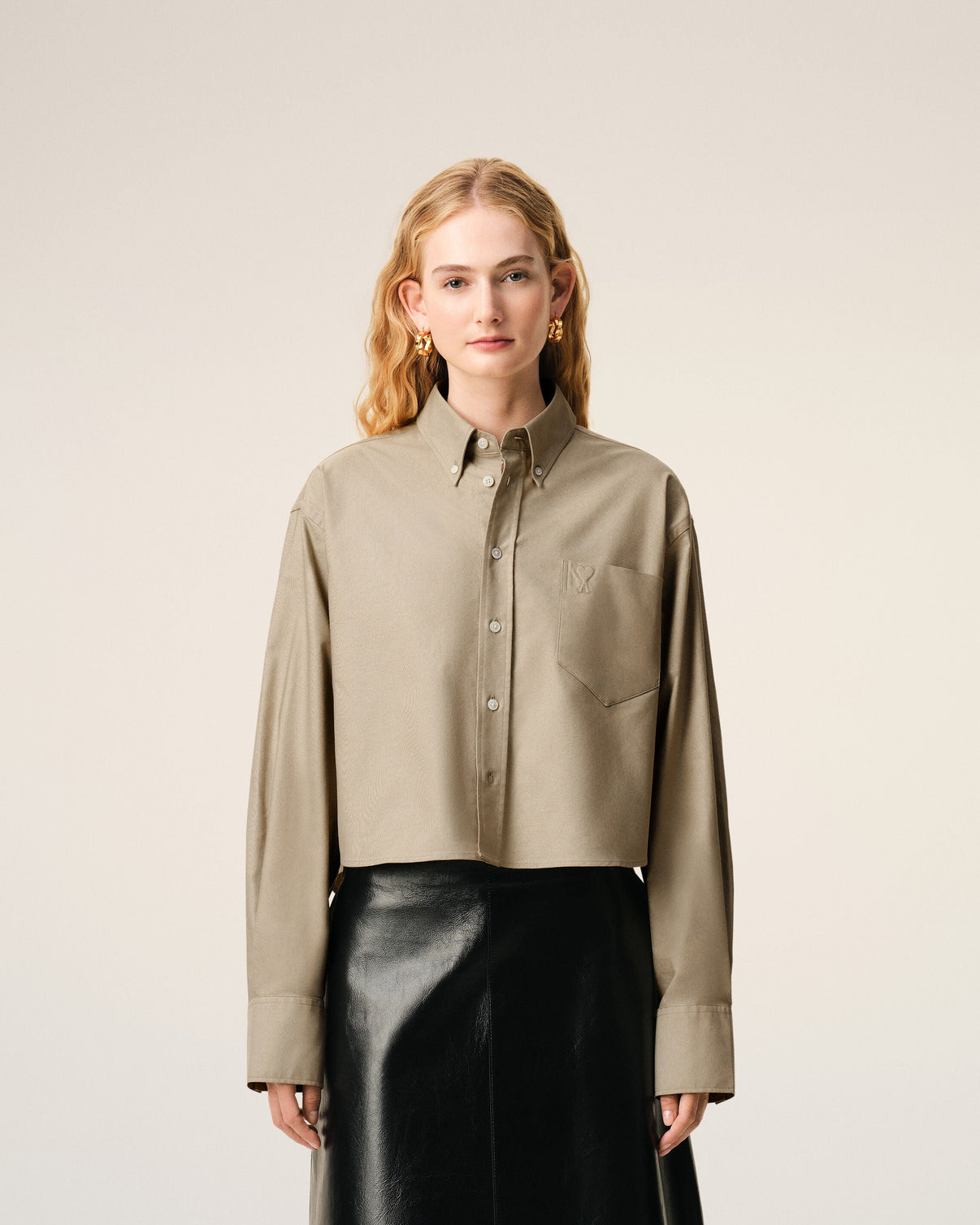 Beige Cotton Cropped Embossed Shirt