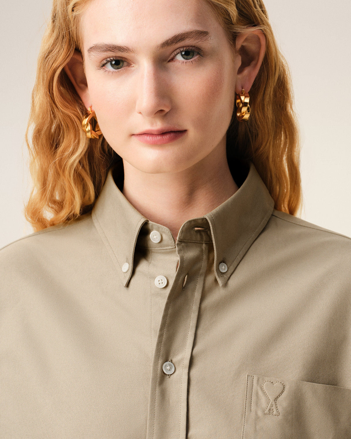 Beige Cotton Cropped Embossed Shirt