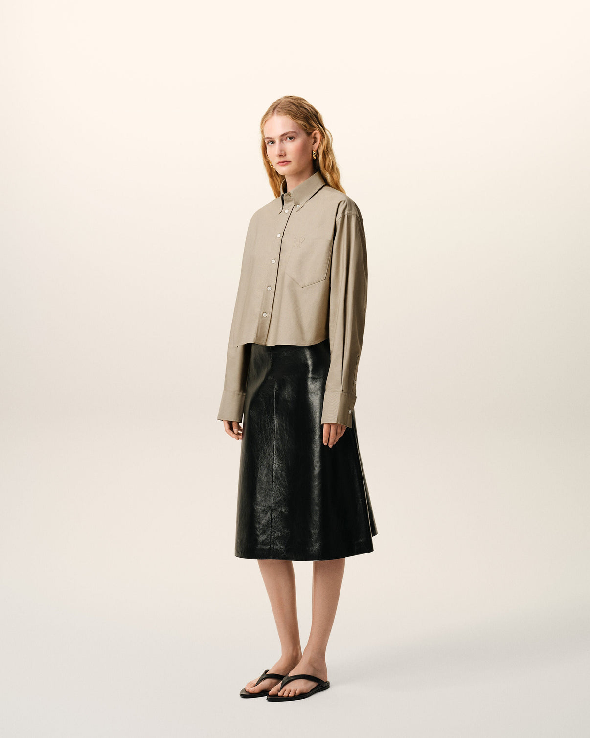 Beige Cotton Cropped Embossed Shirt