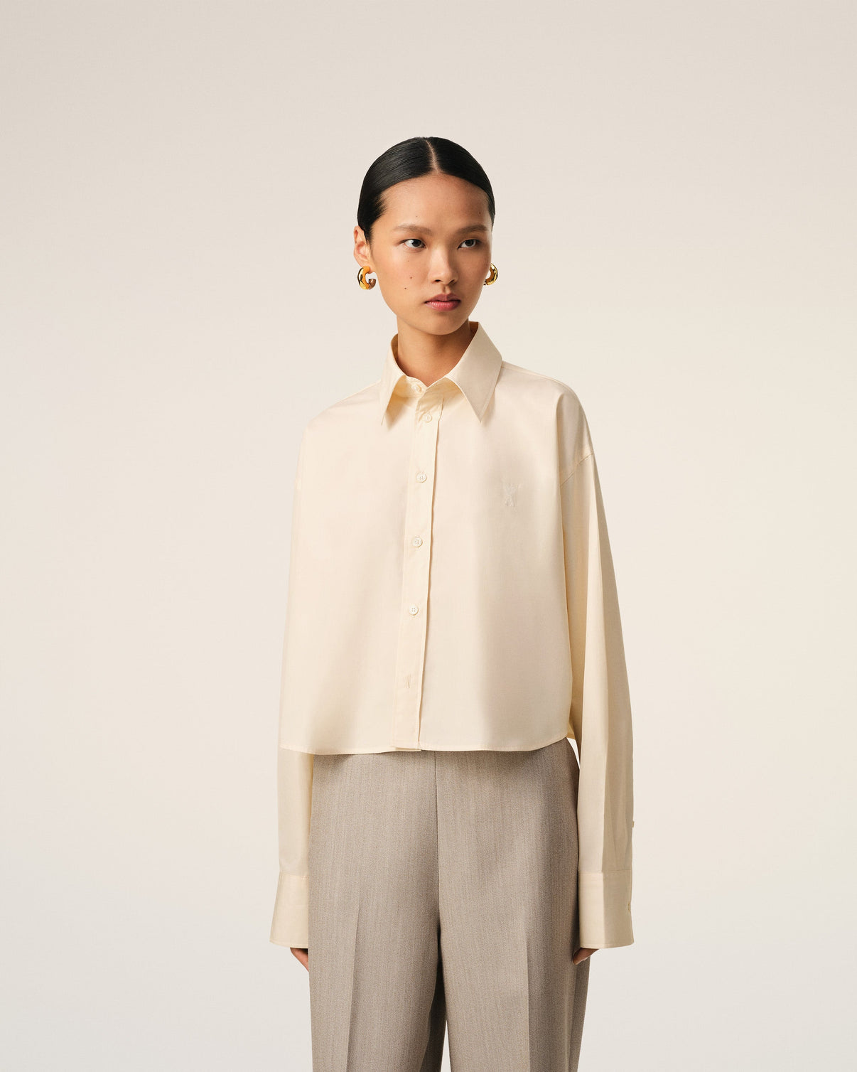 Beige Cotton Cropped Oversized Shirt