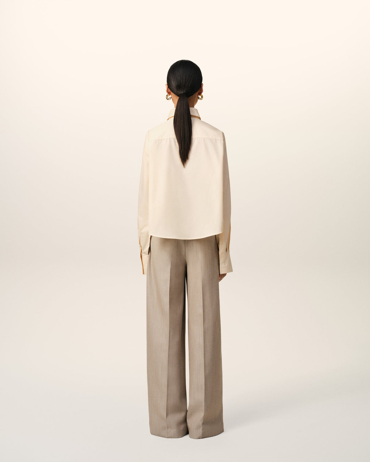 Beige Cotton Cropped Oversized Shirt