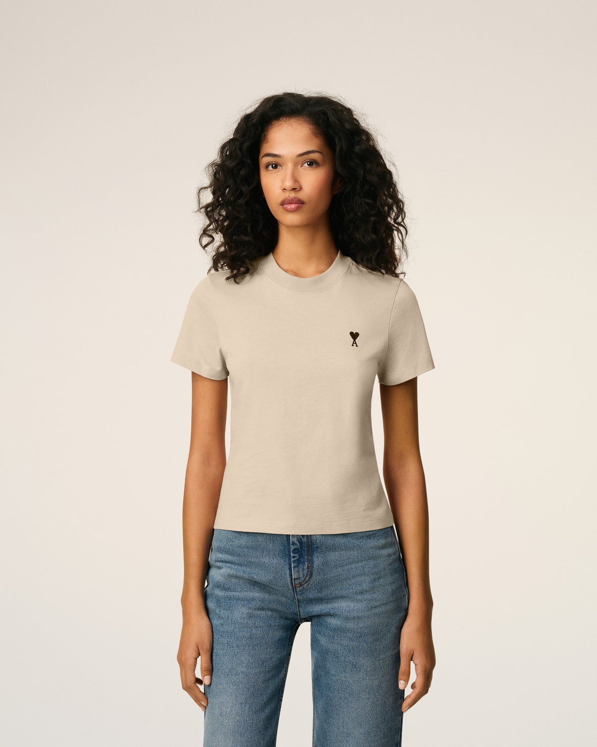 Beige Cotton Cropped T-shirt