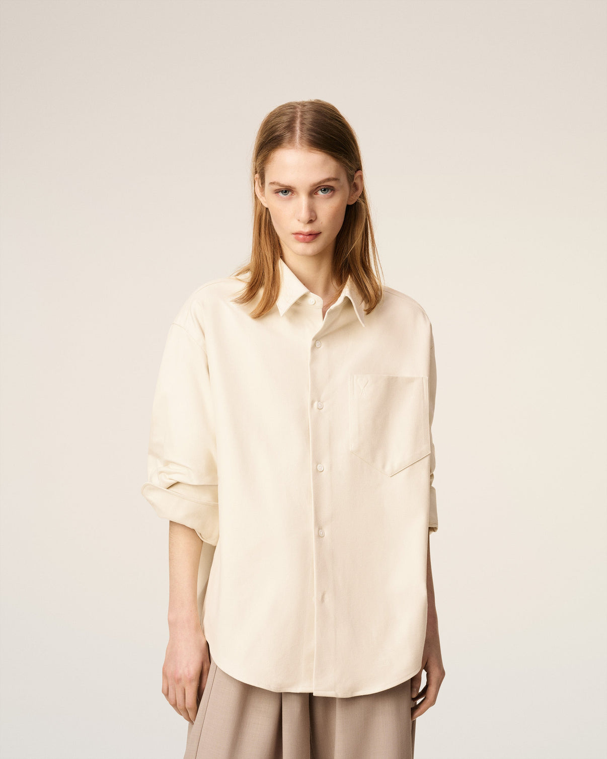 Beige Cotton Embossed Boxy Shirt
