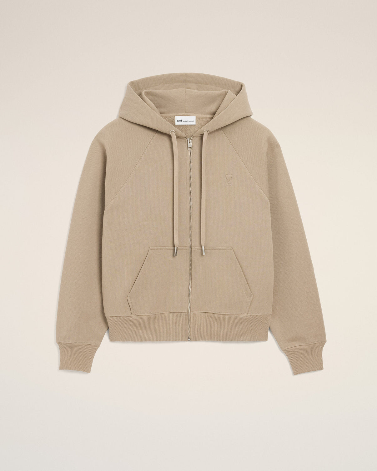 Beige Cotton Embossed Zipped Hoodie