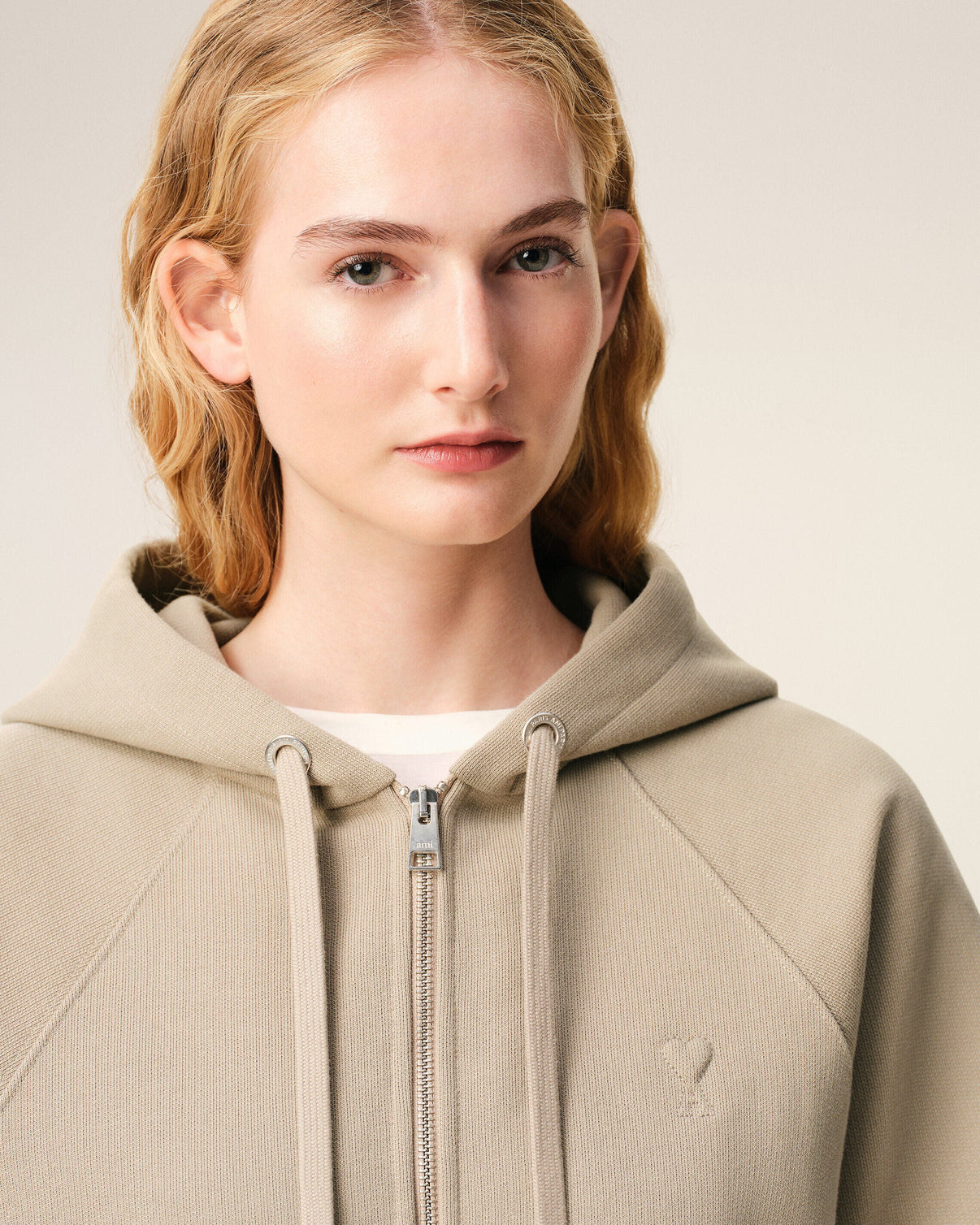 Beige Cotton Embossed Zipped Hoodie