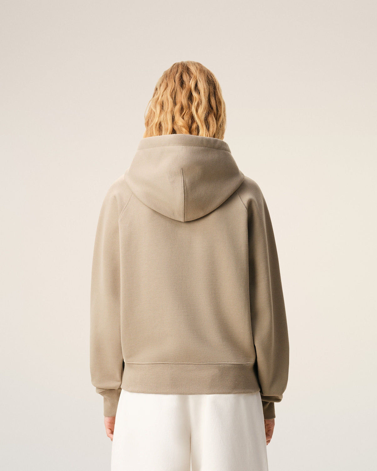 Beige Cotton Embossed Zipped Hoodie